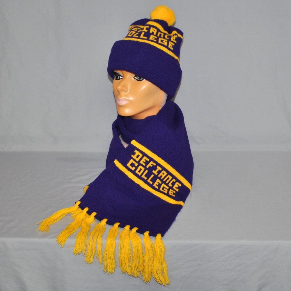 Vintage Defiance College Hat & Scarf Set Retro Purple & Gold Logo Pom-pom Hat